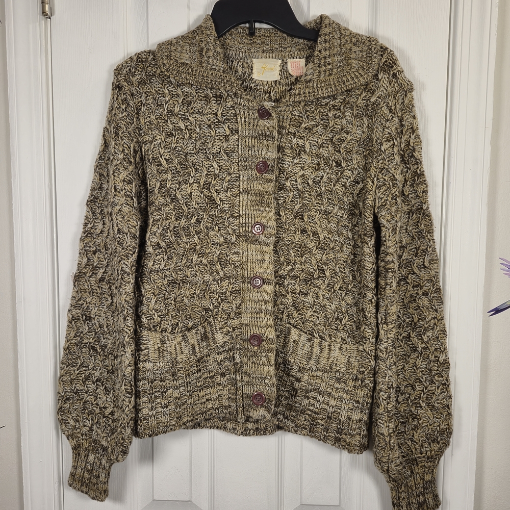 Vintage Tanni Chunky Cable Knit Cardigan Sweater S Brown Cream Grandpa Cozy Knit